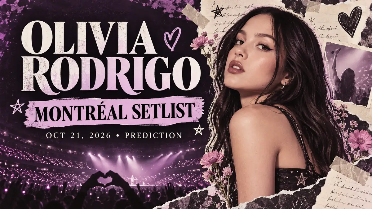 Editorial collage of Olivia Rodrigo with Montréal setlist prediction title and October 21, 2026 date