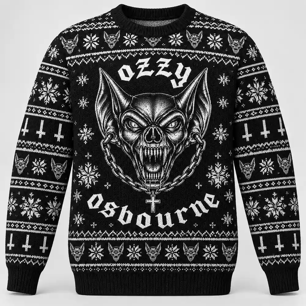 Monochrome Bat Skull Ozzy Osbourne Christmas sweater