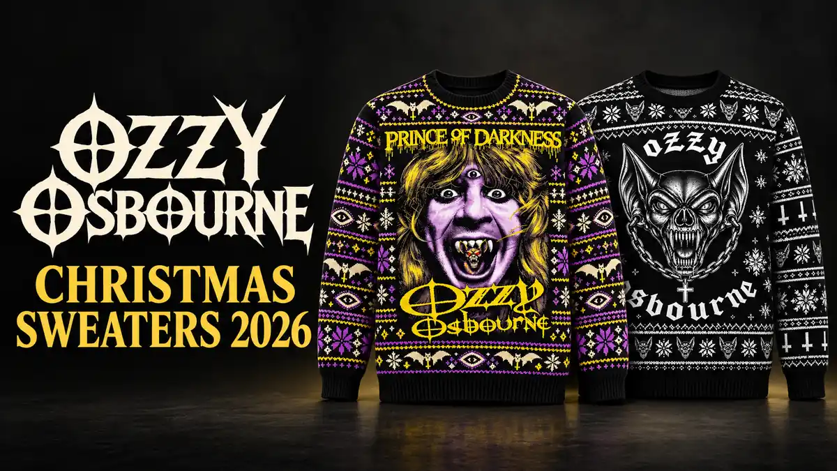 Ozzy Osbourne Christmas sweater designs shown with the 2026 gift guide title