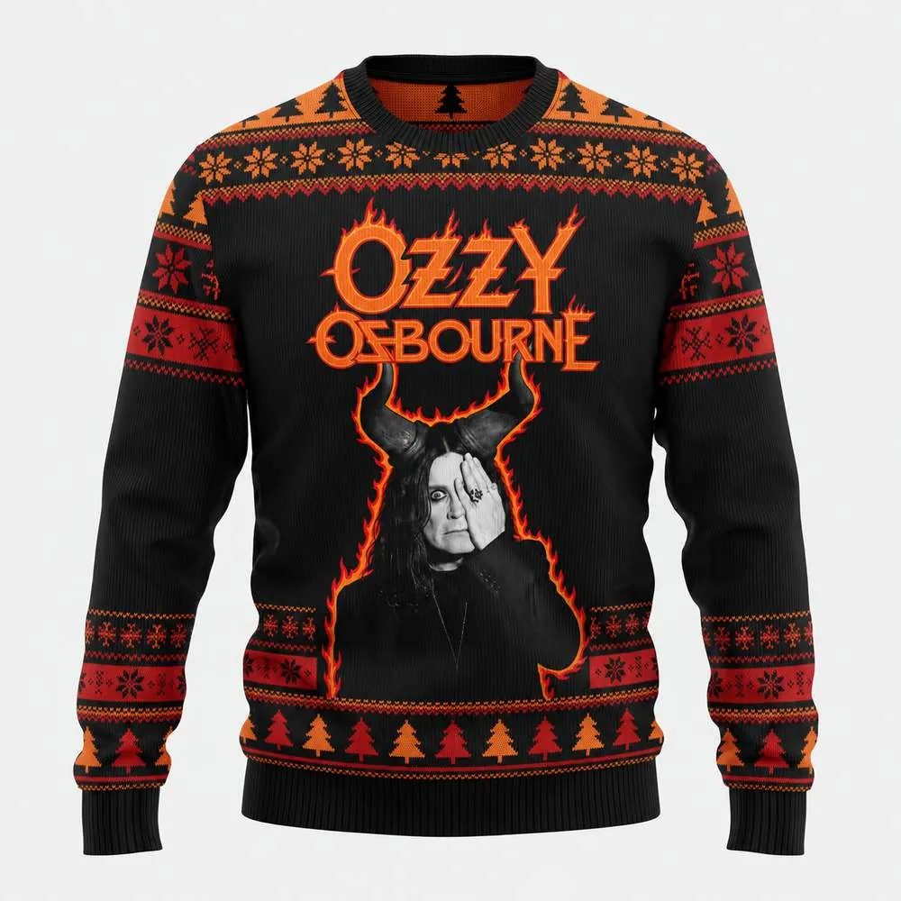 Flame Portrait — Orange & Black Ozzy Osbourne Christmas sweater