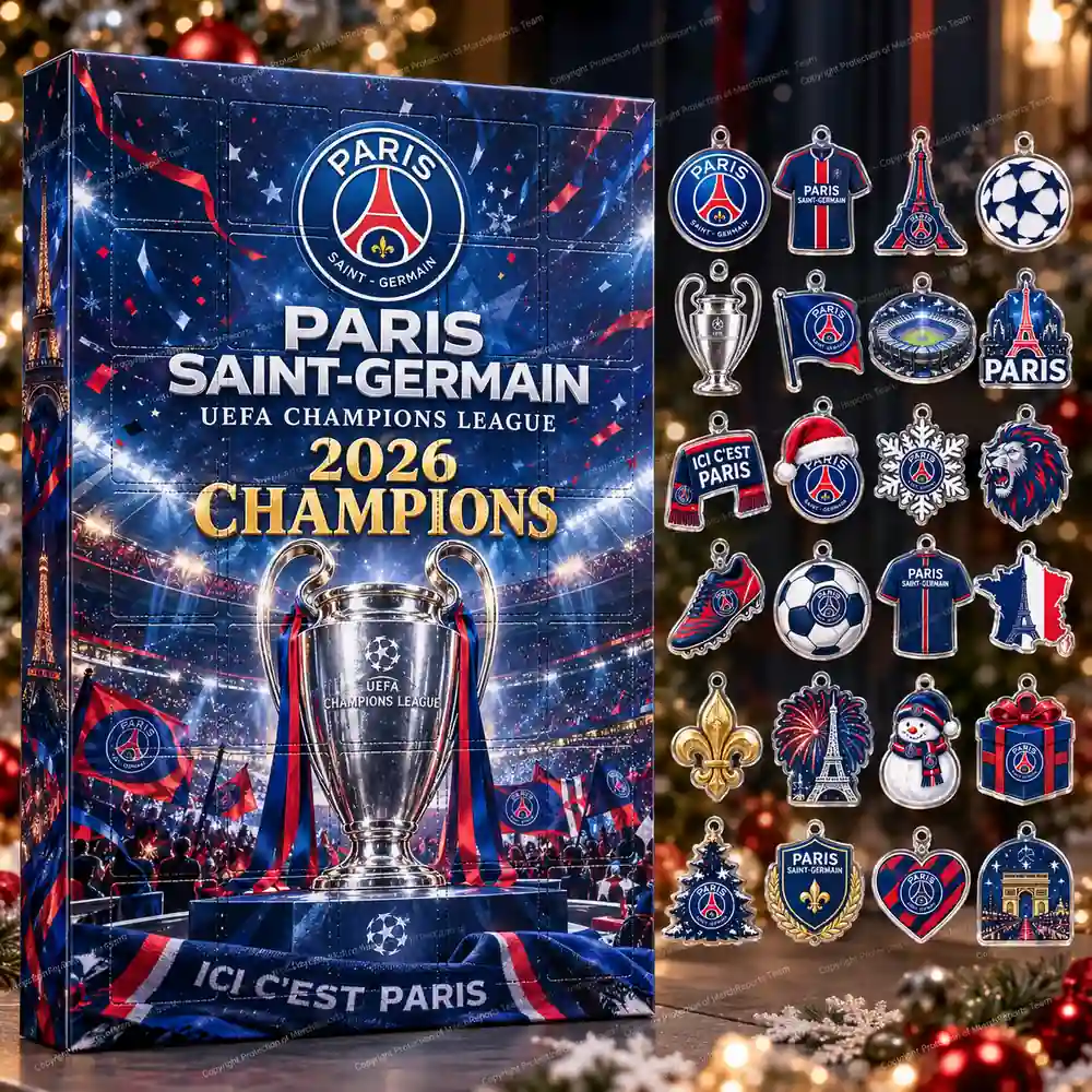 Paris Saint-Germain UEFA Champions League 2026 Champions Trophy Celebration Christmas 24 Ornaments Acrylic Advent Calendar Design A product mockup
