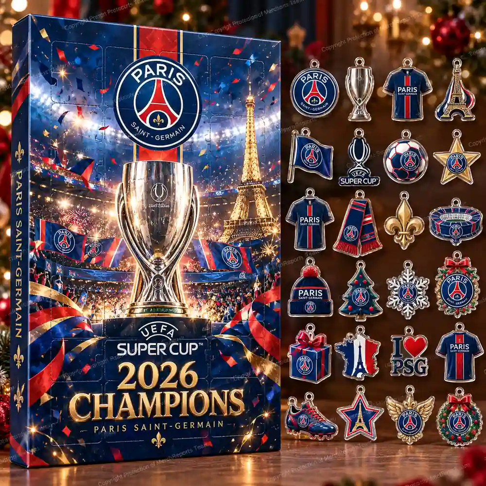 Paris Saint-Germain UEFA Super Cup 2026 Champions Trophy Celebration Christmas 24 Ornaments Acrylic Advent Calendar Design A product mockup