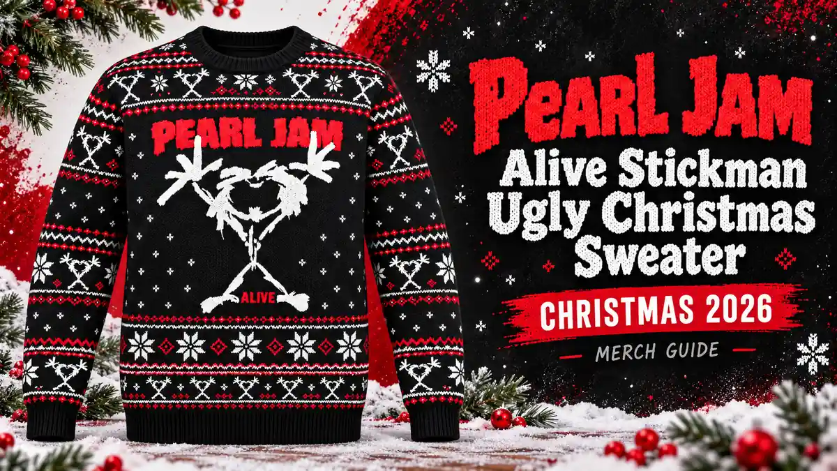 Pearl Jam Alive Stickman Ugly Christmas Sweater product artwork with Christmas 2026 merch guide title