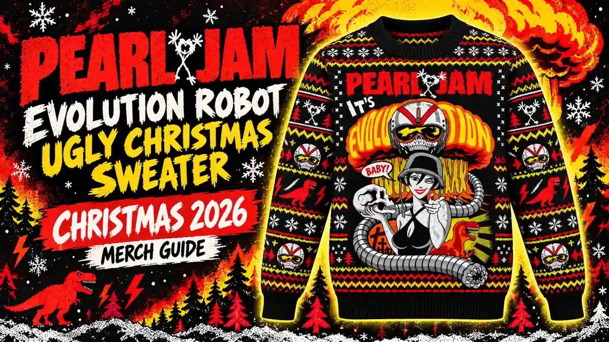 Pearl Jam Evolution Robot Ugly Christmas Sweater product artwork with Christmas 2026 merch guide title