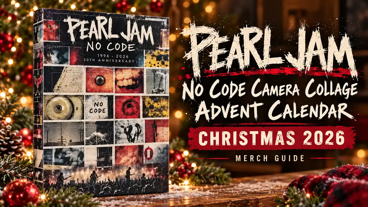 Pearl Jam No Code Camera Collage Advent Calendar product artwork with Christmas 2026 merch guide title