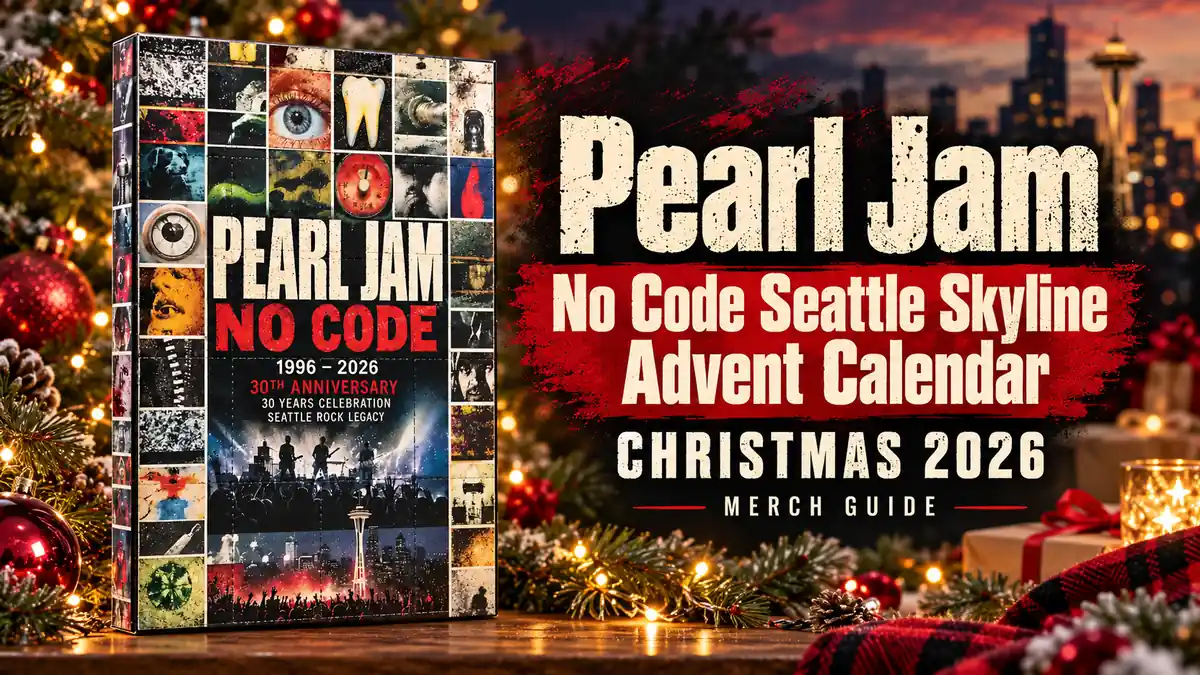 Pearl Jam No Code Seattle Skyline Advent Calendar product artwork with Christmas 2026 merch guide title