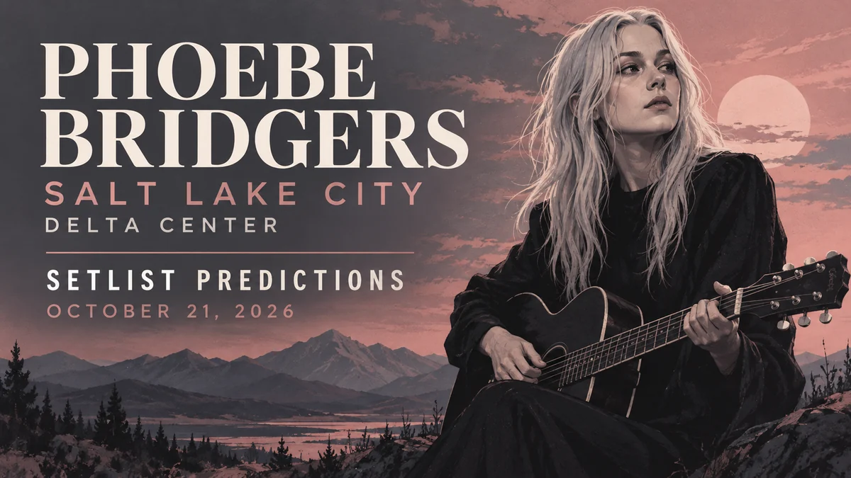 Illustrated Phoebe Bridgers holding a guitar beside Salt Lake City setlist predictions and the date October 21, 2026
