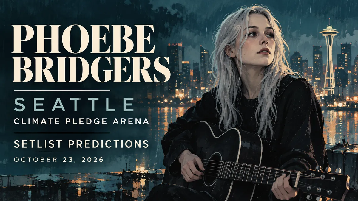 Illustrated Phoebe Bridgers holding a guitar beside Seattle setlist predictions and the date October 23, 2026