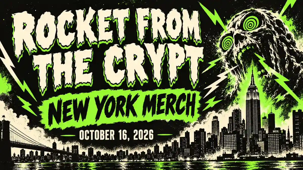 Rocket From The Crypt New York October 16, 2026 Merch Roundup illustrated editorial banner