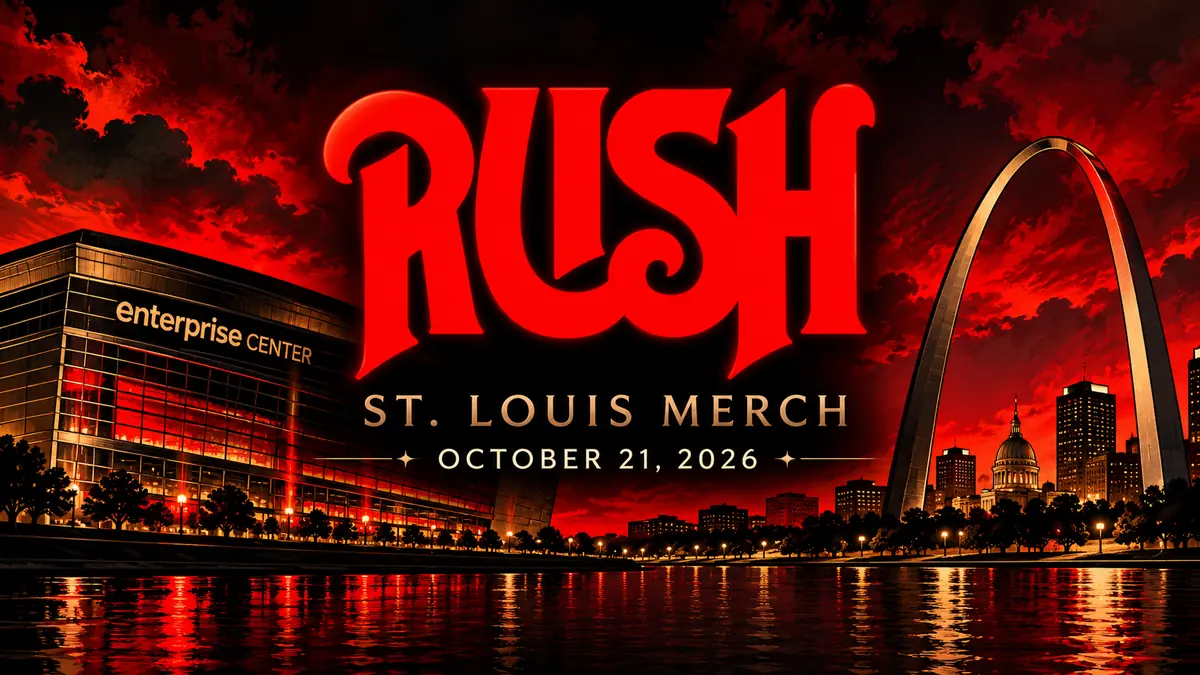 Rush St. Louis October 21, 2026 Merch: Gateway Arch Tees & Poster — illustrated venue backdrop with glowing Rush logo
