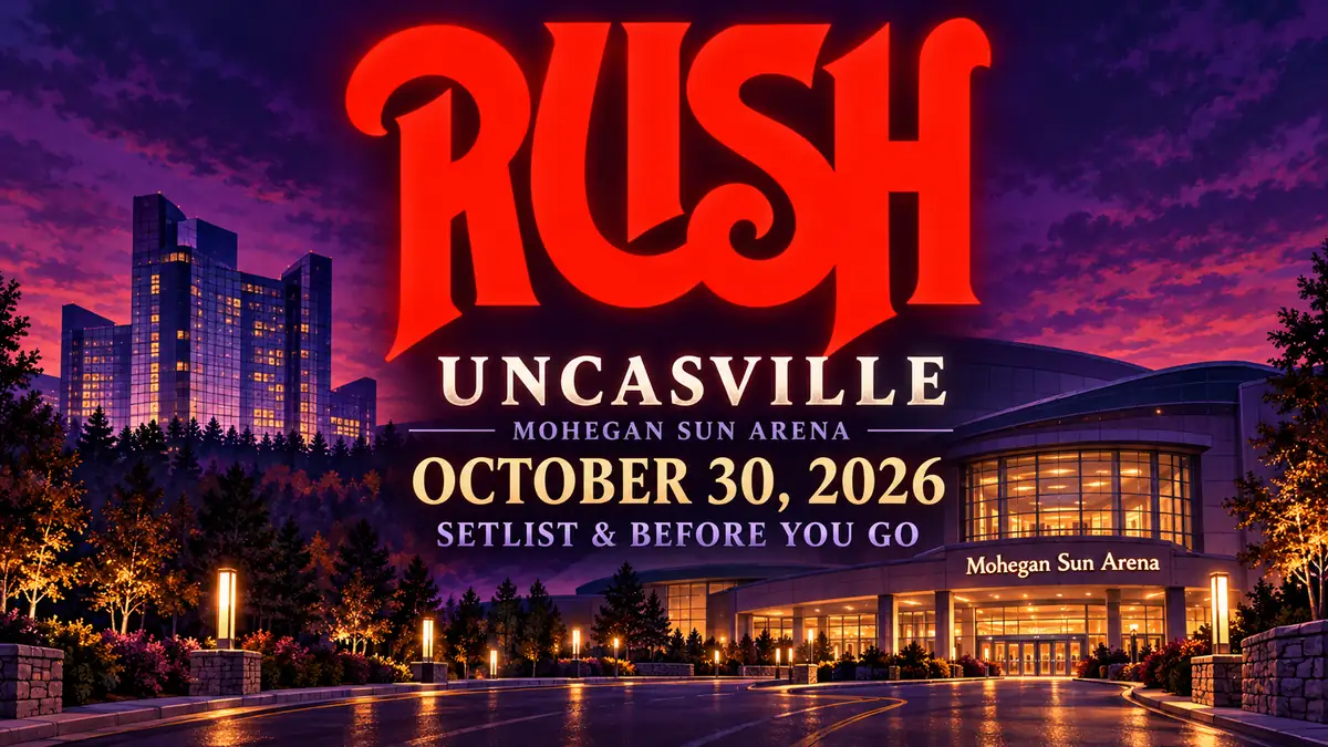 Rush Uncasville October 30, 2026: Predicted Setlist & Before You Go — illustrated venue backdrop with glowing Rush logo