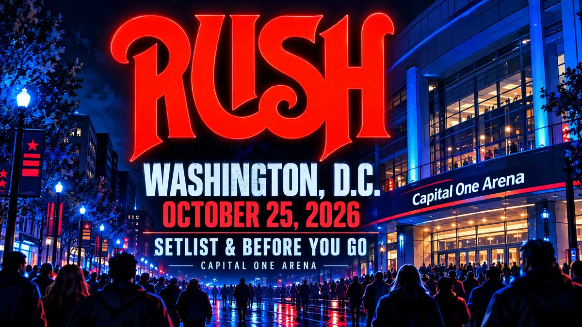 Rush Washington, D.C. October 25, 2026: Predicted Setlist & Before You Go — illustrated venue backdrop with glowing Rush logo
