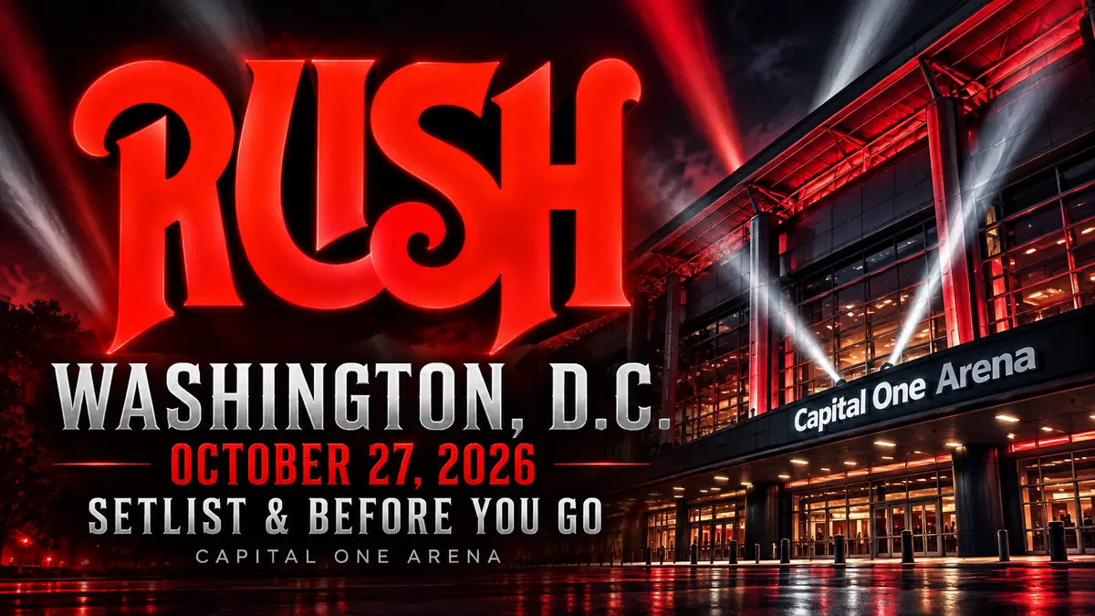 Rush Washington, D.C. October 27, 2026: Predicted Setlist & Before You Go — illustrated venue backdrop with glowing Rush logo