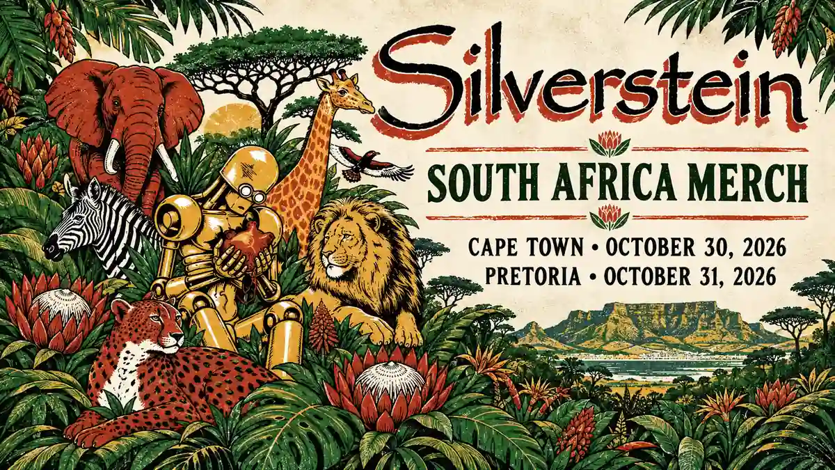 Silverstein South Africa merch banner with gold robot, wildlife and green foliage