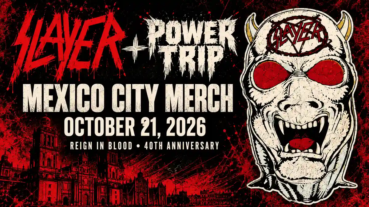 Slayer and Power Trip logos with skull artwork for Mexico City shirts
