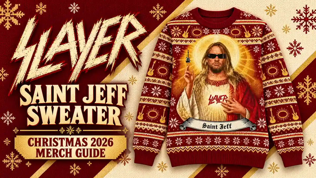 Slayer Saint Jeff Hanneman Ugly Christmas Sweater artwork and dated merch guide title