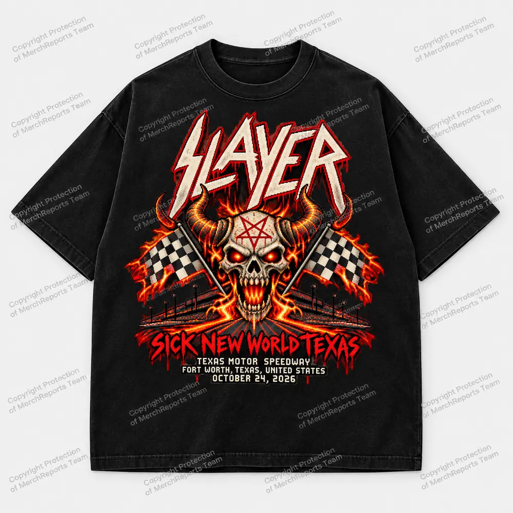 Black Slayer Texas shirt with horned skull, checkered flags and October 24, 2026 date