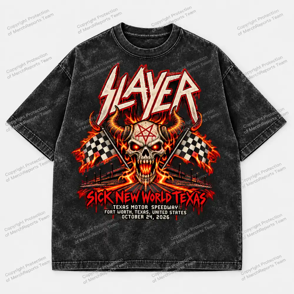 Acid-washed Slayer Texas shirt with horned skull, checkered flags and October 24, 2026 date