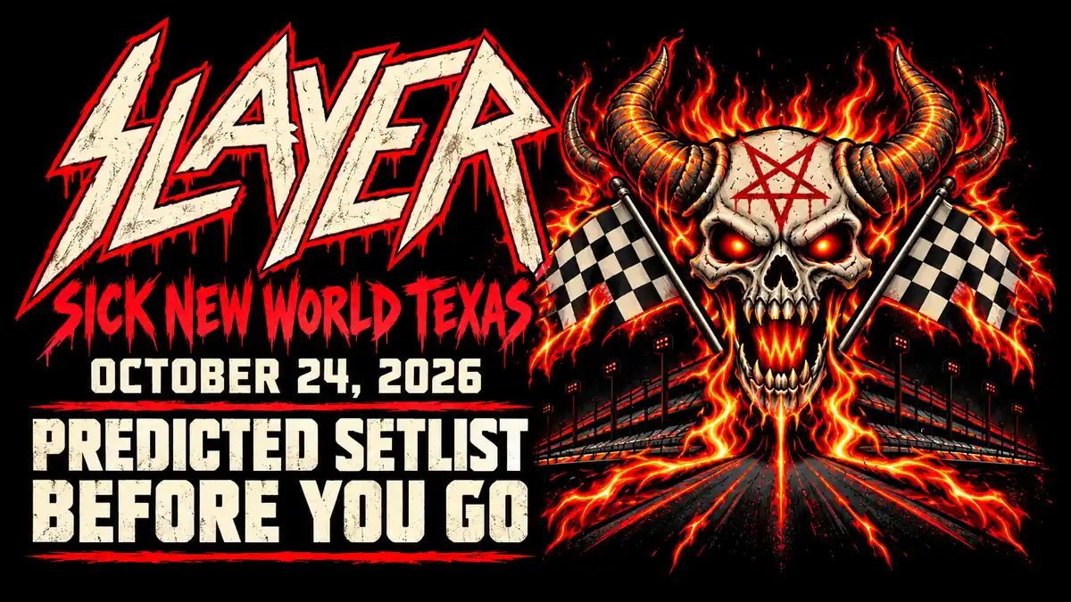 Slayer logo, flaming horned skull and checkered flags with the October 24, 2026 predicted setlist title