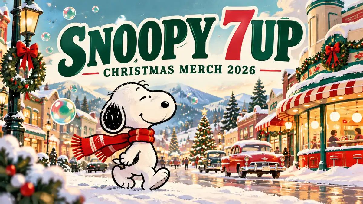Snoopy 7UP Christmas merch 2026 editorial illustration