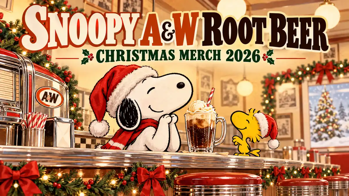 Snoopy A&W Root Beer Christmas merch 2026 editorial illustration