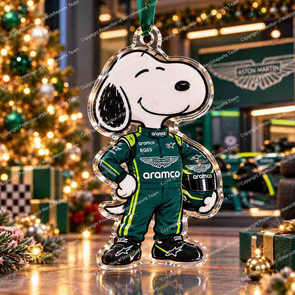 Snoopy Aston Martin Aramco Formula 1 Racing Holiday 2026 Custom Shape Acrylic Ornament