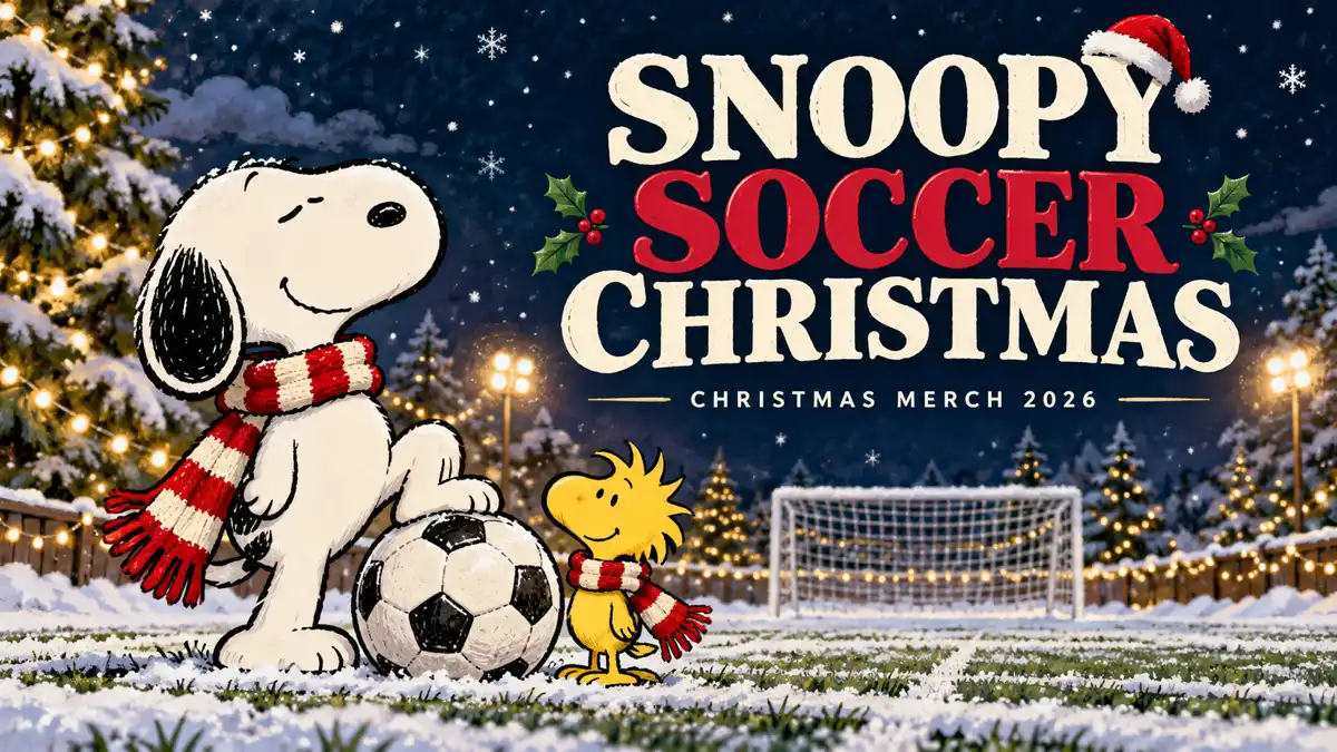 Snoopy and Woodstock beside a round soccer ball in a snowy Christmas scene
