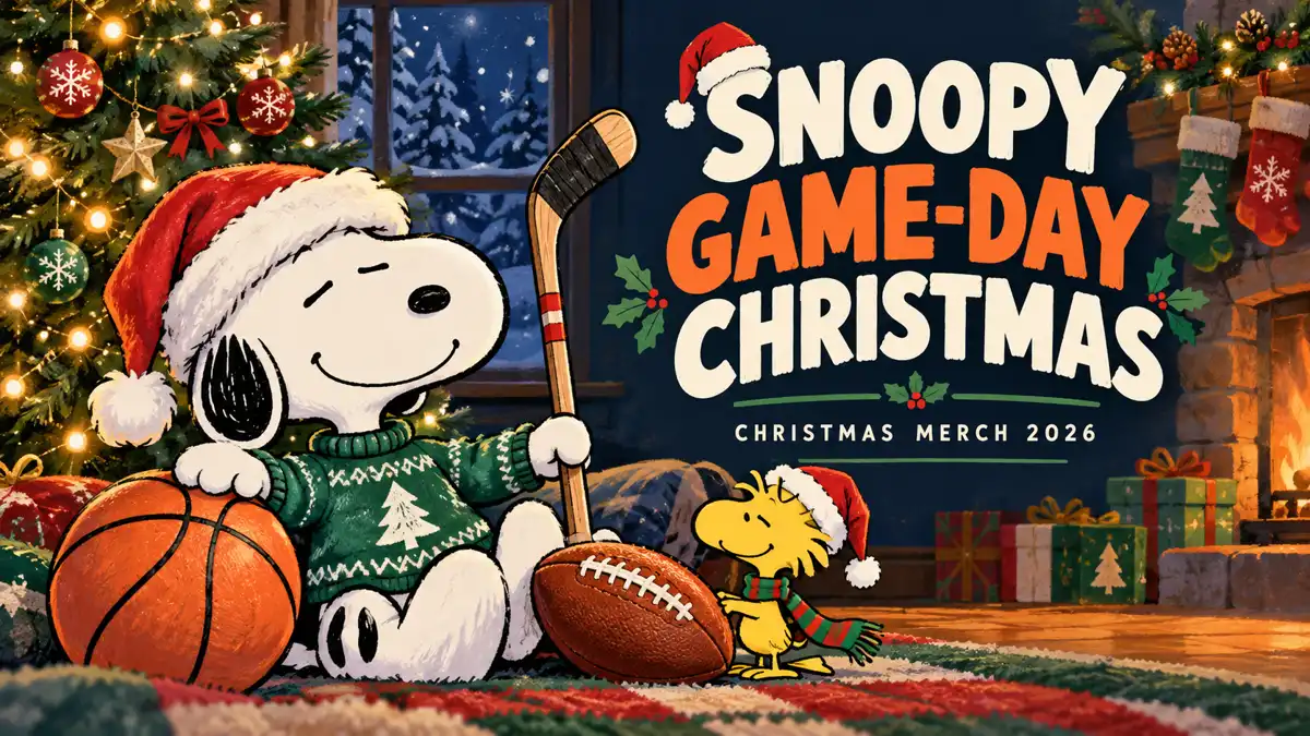 Snoopy and Woodstock with basketball, American football and hockey stick in a Christmas room