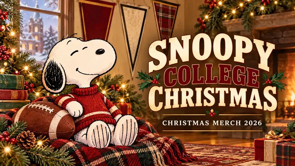 Snoopy sports Christmas merch 2026 editorial illustration: college