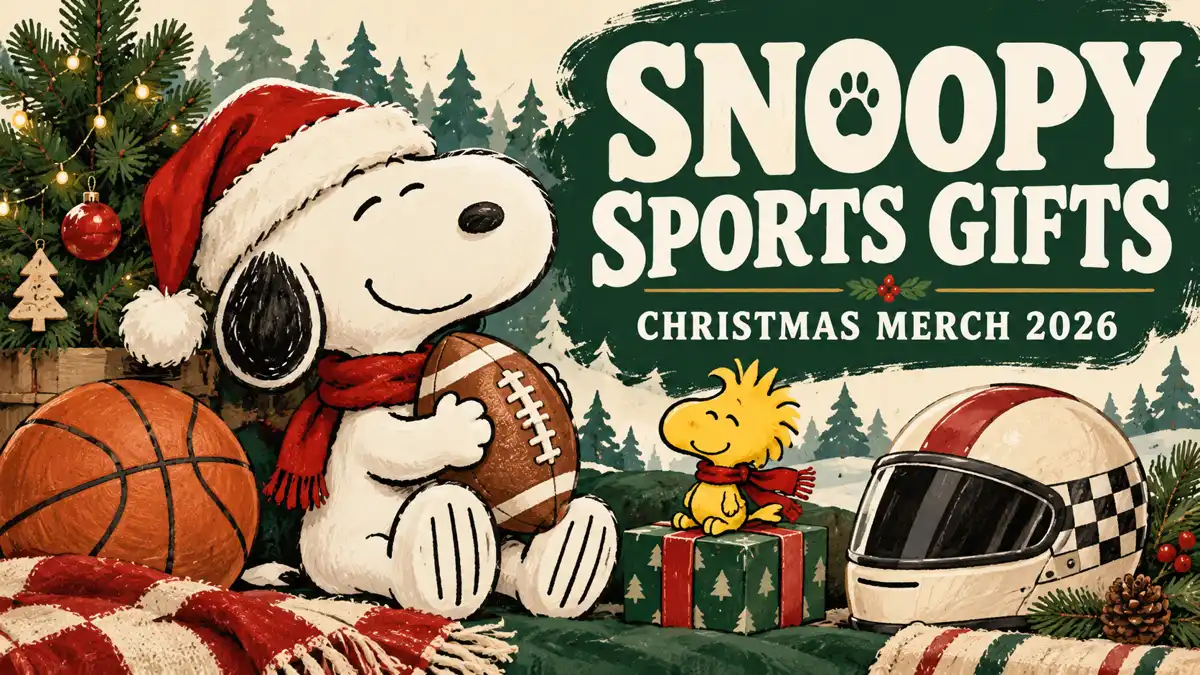 Snoopy sports Christmas merch 2026 editorial illustration: main