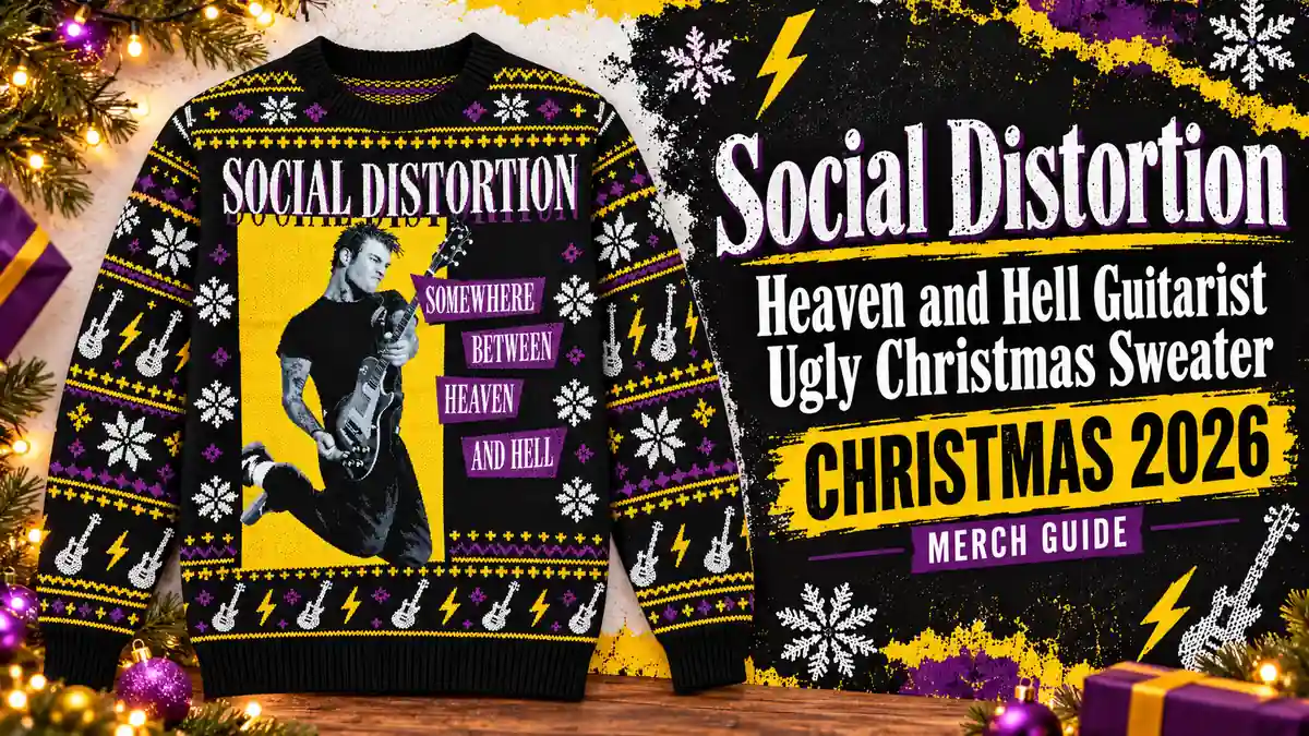 Social Distortion Heaven and Hell Guitarist Ugly Christmas Sweater product artwork with Christmas 2026 merch guide title