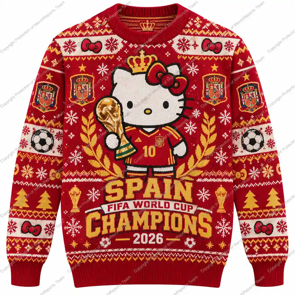 Spain FIFA World Cup Champions 2026 Hello Kitty Trophy Fair Isle Christmas 2026 Ugly Sweater Shirt product mockup