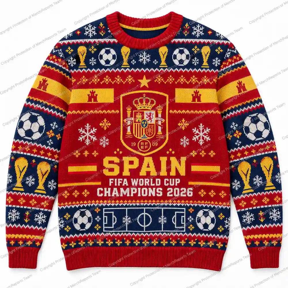Spain FIFA World Cup Champions 2026 Spain Crest Football Trophy Fair Isle Christmas Ugly Sweater Shirt product mockup