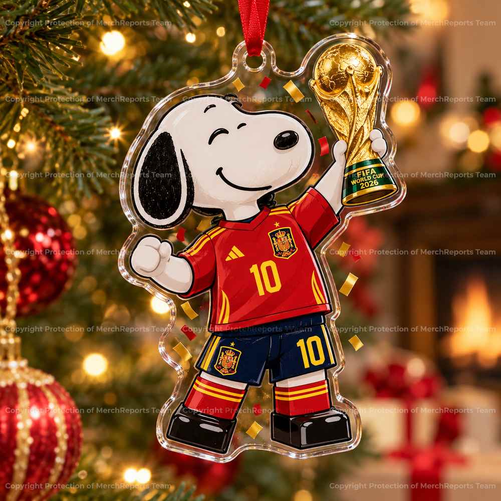 Spain FIFA World Cup Champions Snoopy Football Trophy Christmas 2026 Custom Shape Acrylic Ornament product mockup