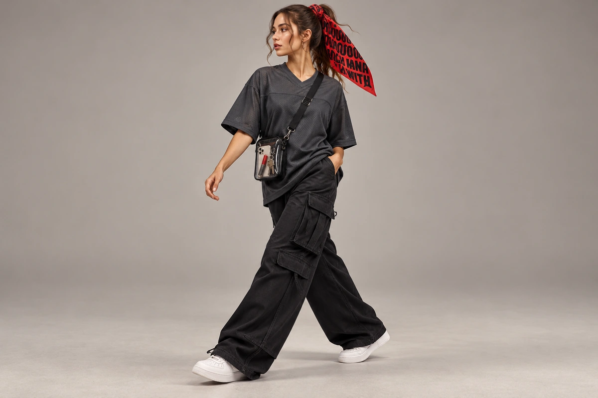 Charcoal jersey and black cargo trousers with a red Jennie bandana in a ponytail.