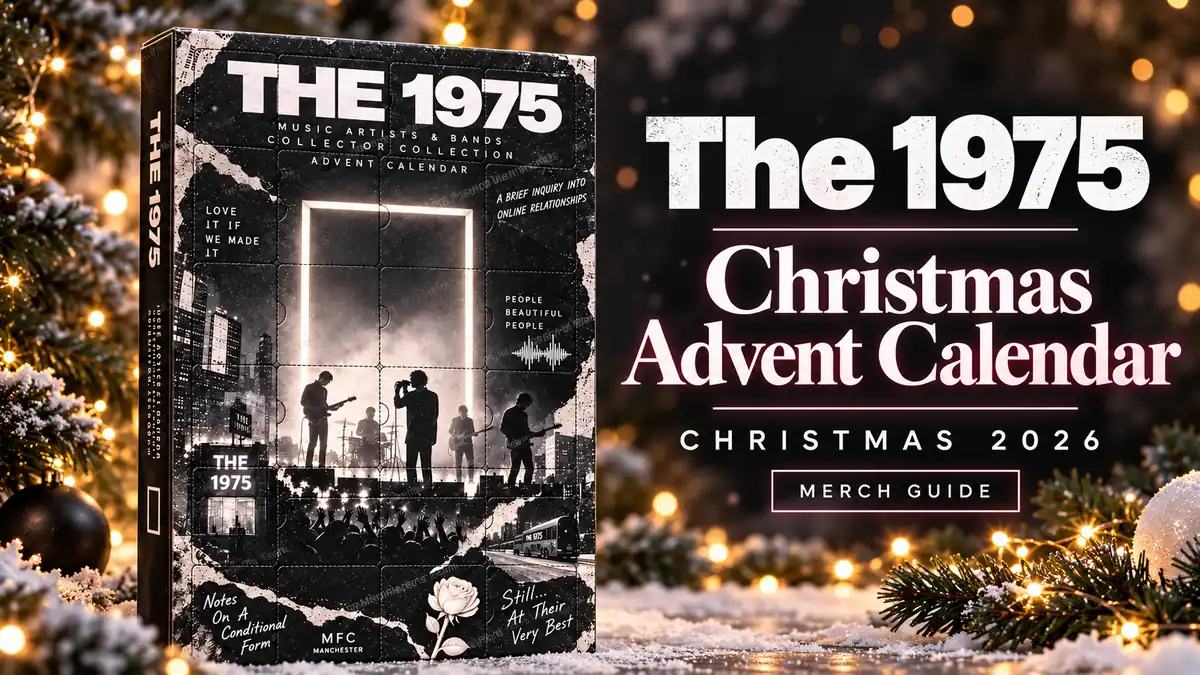 The 1975 Christmas Advent Calendar product artwork with Christmas 2026 merch guide title
