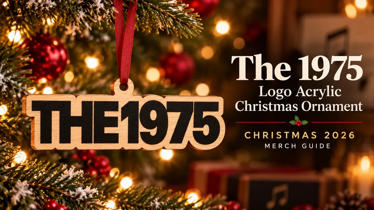 The 1975 Logo Acrylic Christmas Ornament product artwork with Christmas 2026 merch guide title