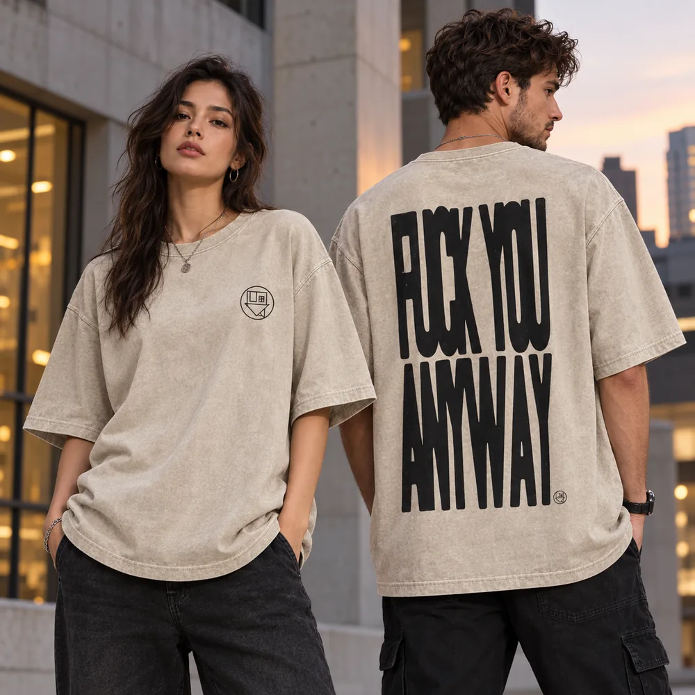 AI styling mockup of a beige washed The Neighbourhood T-shirt with small front emblem and large back lettering