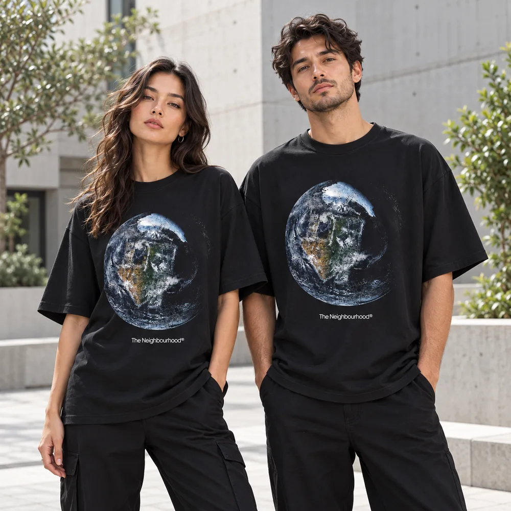 AI styling mockup of two adult models wearing black The Neighbourhood Earth graphic T-shirts