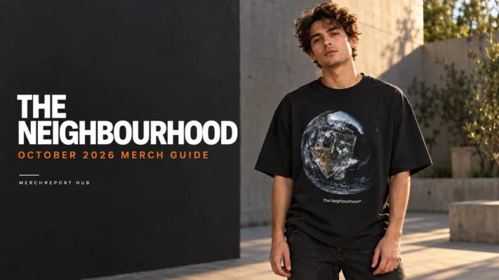 The Neighbourhood October 2026 merch guide banner with an AI model wearing the Earth graphic T-shirt