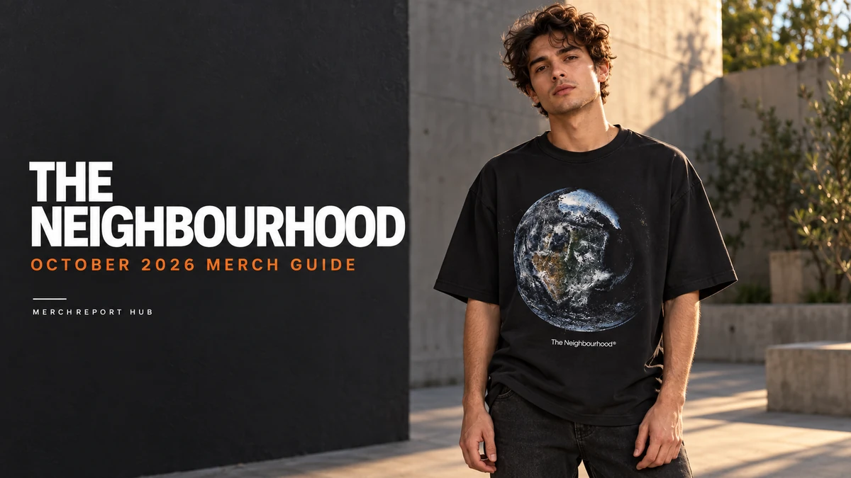 The Neighbourhood October 2026 merch guide banner with an AI model wearing the Earth graphic T-shirt