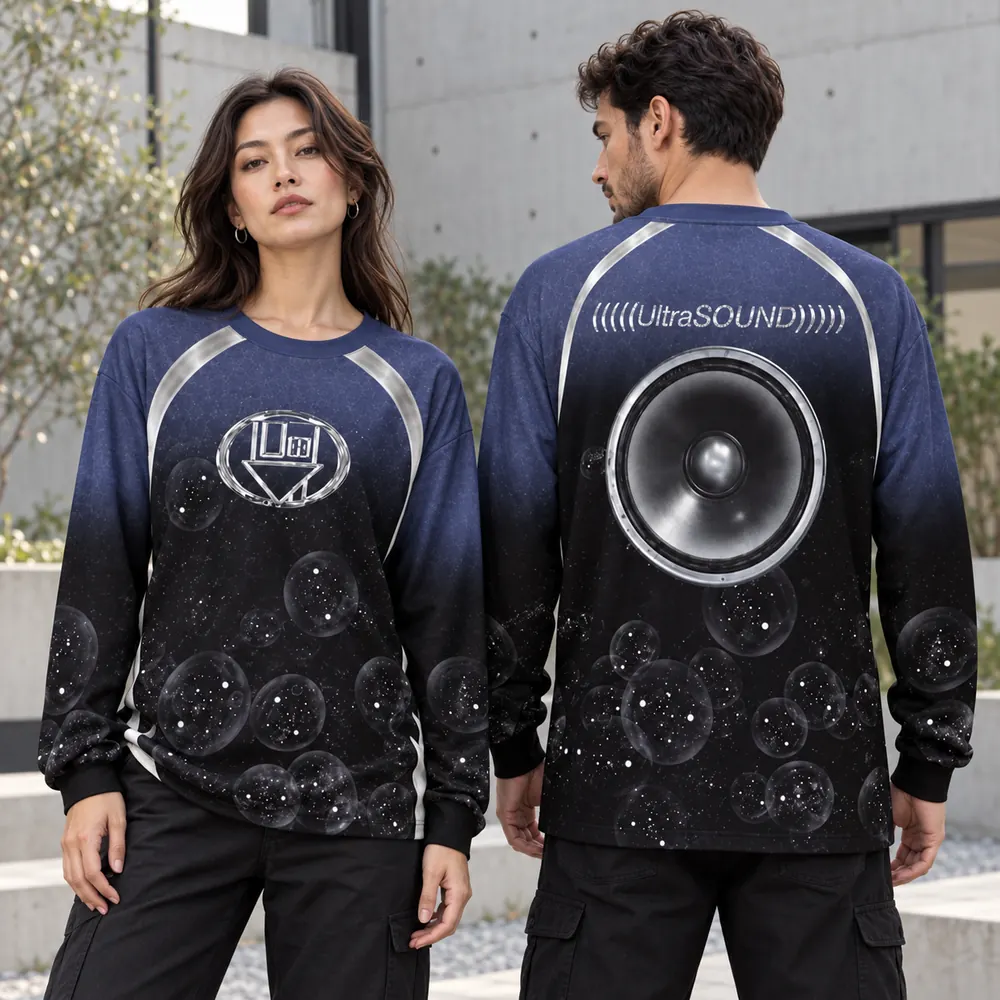 AI styling mockup showing front and back of the blue-black ultraSOUND long-sleeve design