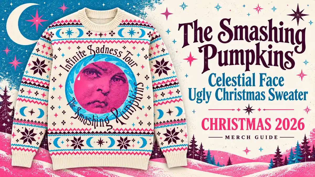 The Smashing Pumpkins Celestial Face Ugly Christmas Sweater product artwork with Christmas 2026 merch guide title