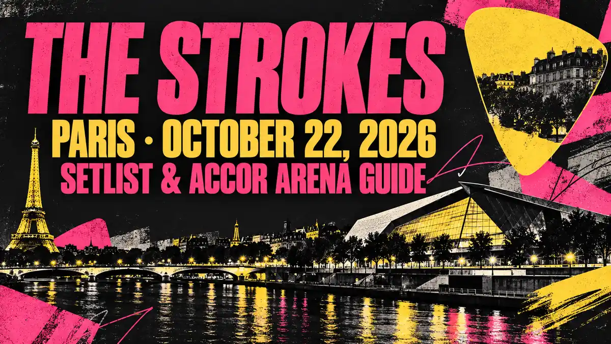 Pink and yellow The Strokes Paris concert guide artwork with guitar picks and Paris skyline.