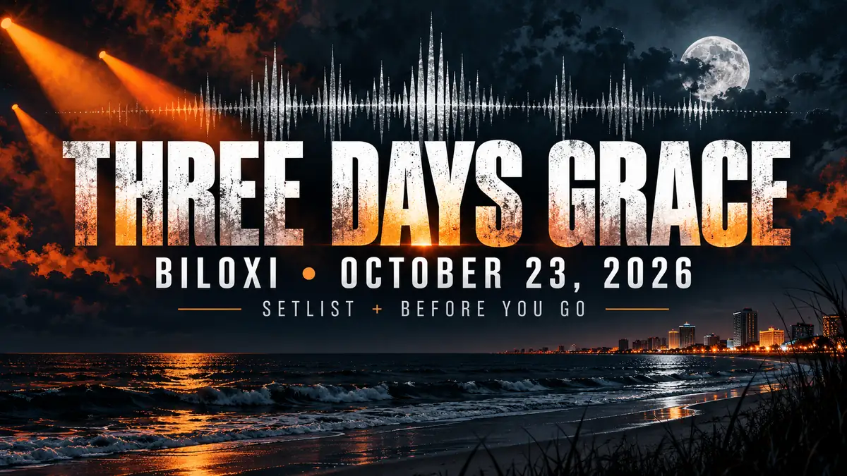 Illustrated concert guide banner: Three Days Grace Biloxi October 23, 2026