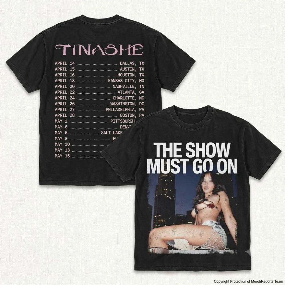 Classic black Tinashe The Show Must Go On 2027 tee, showing the front artwork and back tour-date print