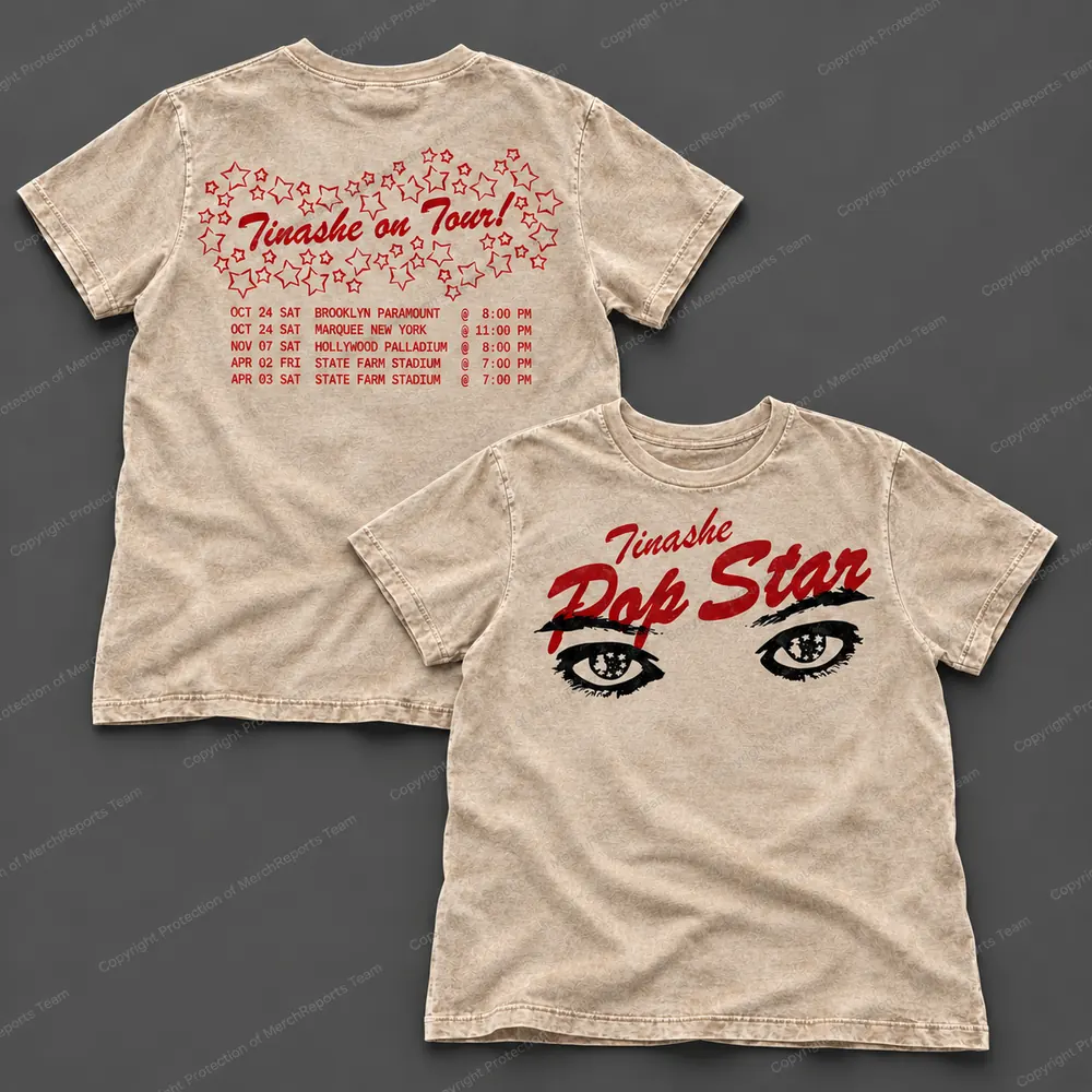 Front and back of the beige acid-washed Tinashe Brooklyn Pop Star Eyes T-shirt