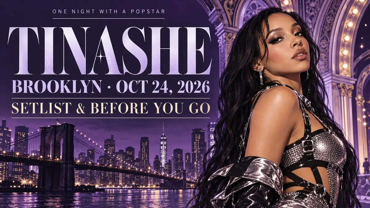 Editorial illustration of Tinashe with Brooklyn skyline for the October 24, 2026 concert guide