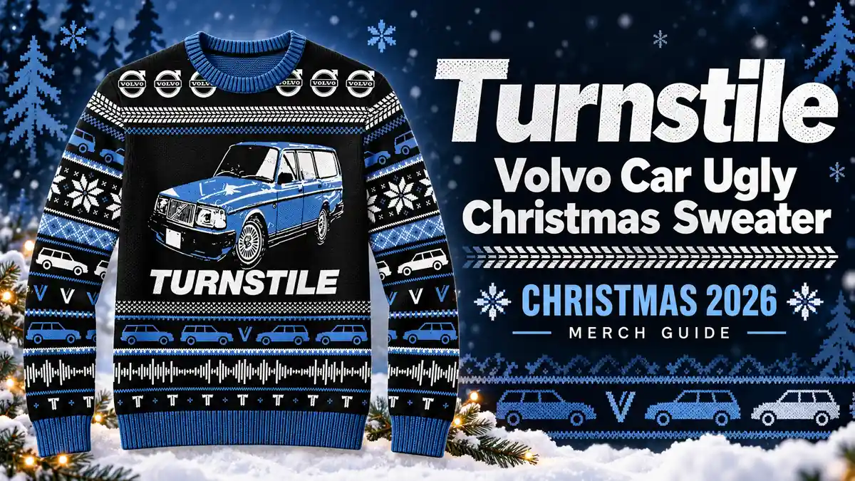 Turnstile Volvo Car Ugly Christmas Sweater product artwork with Christmas 2026 merch guide title