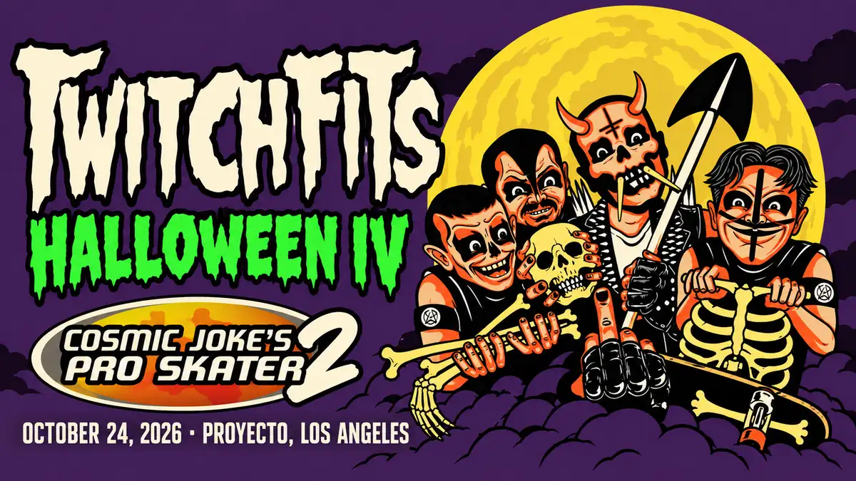 Purple and yellow Halloween illustration with punk skeleton characters and Twitchfits Halloween IV event details.